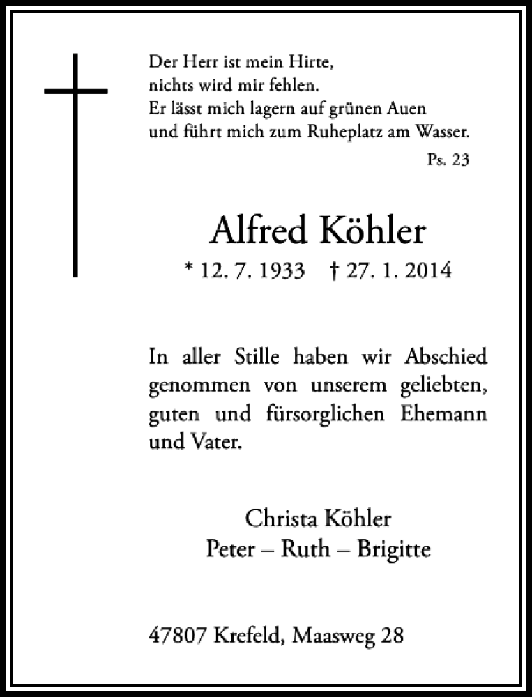 Alle Traueranzeigen F R Alfred K Hler Trauer Rp Online De