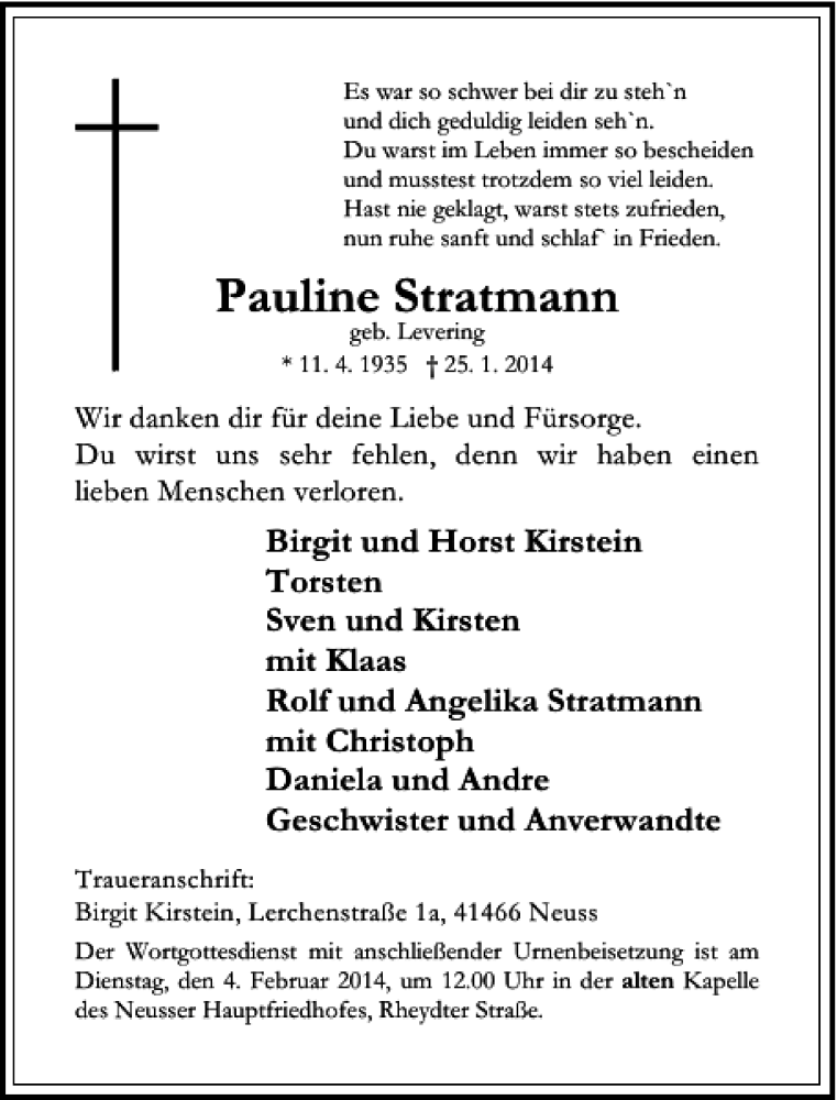 Alle Traueranzeigen F R Pauline Stratmann Trauer Rp Online De