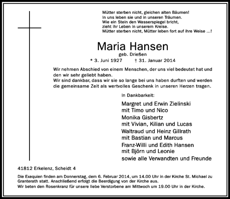 Alle Traueranzeigen für Maria Hansen trauer rp online de