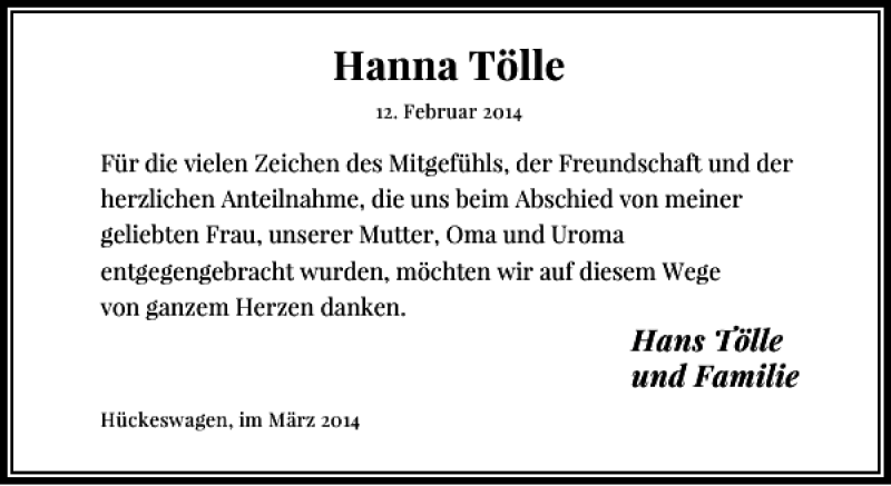 Alle Traueranzeigen F R Hanna T Lle Trauer Rp Online De