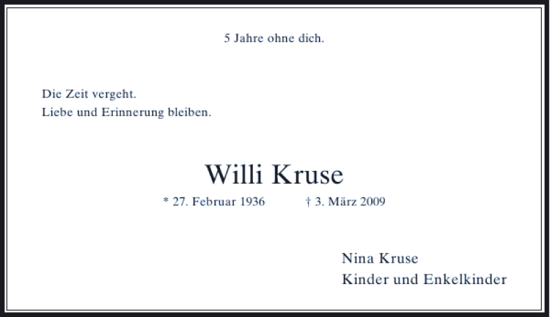 Alle Traueranzeigen für Willi Kruse trauer rp online de