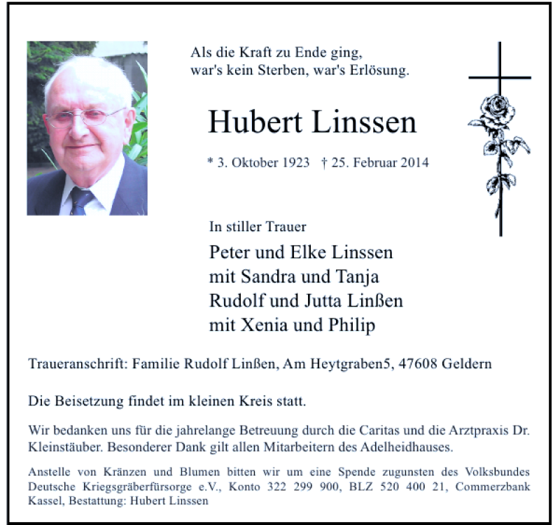 Alle Traueranzeigen F R Hubert Linssen Trauer Rp Online De