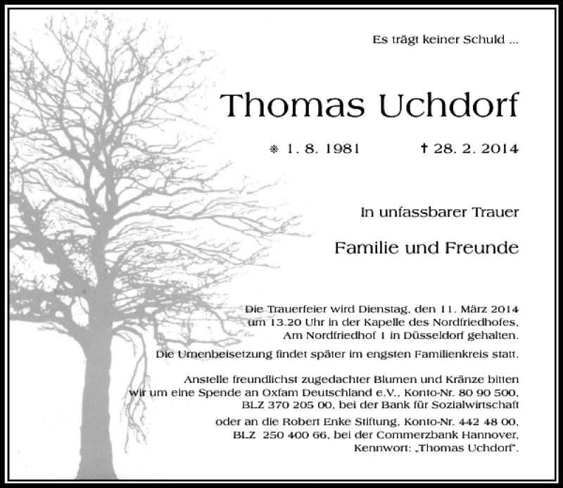  Traueranzeige für Thomas Uchdorf vom 08.03.2014 aus Rheinische Post