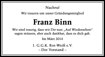 Alle Traueranzeigen für Franz Binn trauer rp online de