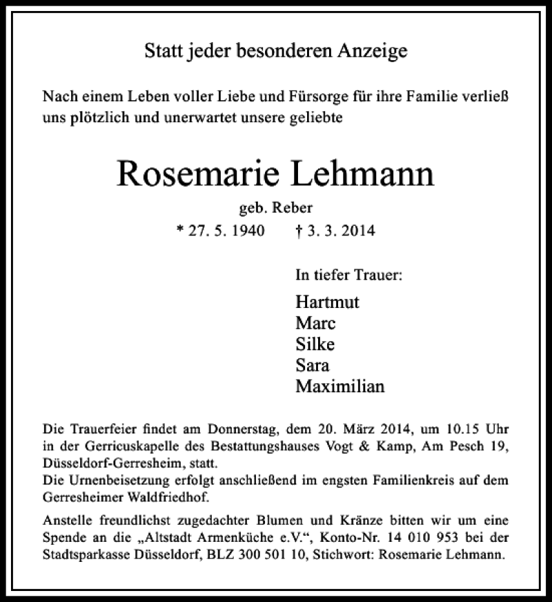 Alle Traueranzeigen F R Rosemarie Lehmenn Trauer Rp Online De