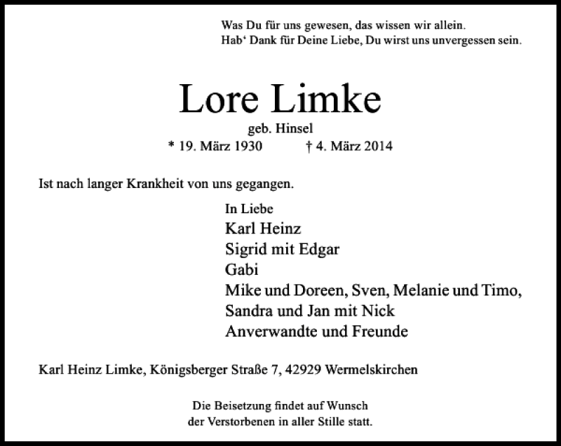 Alle Traueranzeigen für Lore Limke trauer rp online de