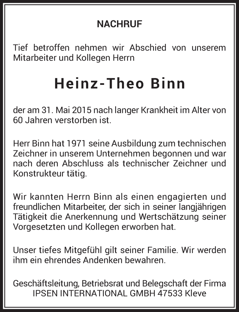 Alle Traueranzeigen F R Heinz Theo Binn Trauer Rp Online De