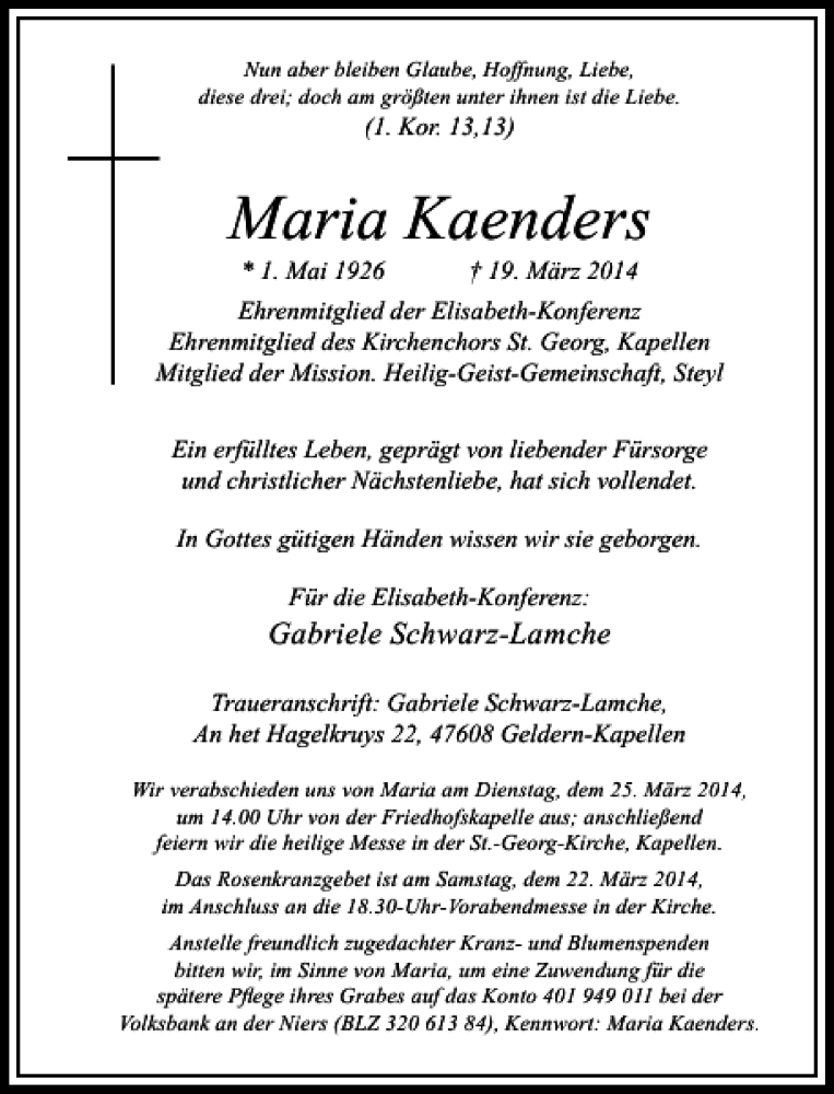 Alle Traueranzeigen für Maria Kaenders trauer rp online de