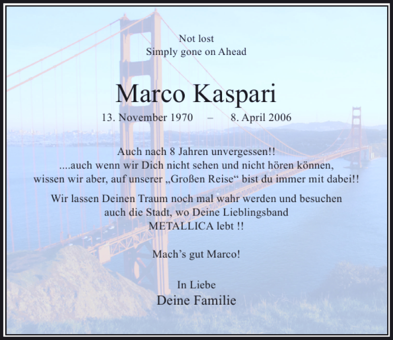  Traueranzeige für Marco Kaspari vom 08.04.2014 aus Rheinische Post