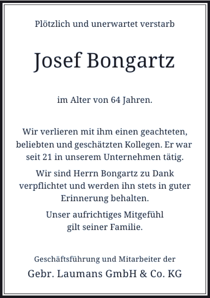 Alle Traueranzeigen für Josef Bongartz trauer rp online de