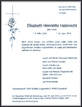 Alle Traueranzeigen F R Elisabeth Henriette Habenicht Geb Ecken