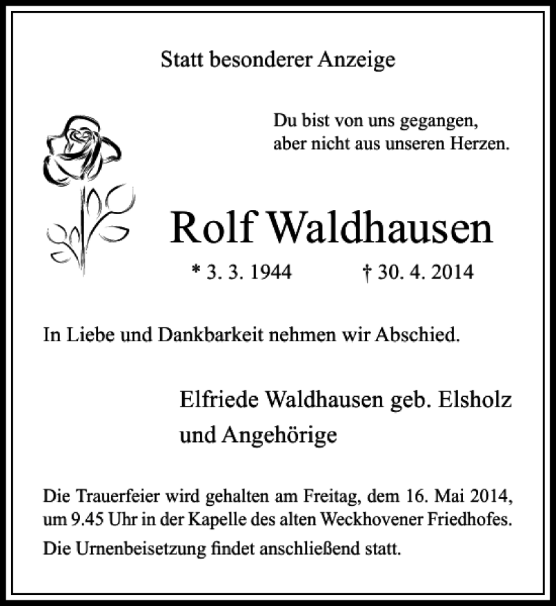  Traueranzeige für Rolf Waldhausen vom 10.05.2014 aus Rheinische Post