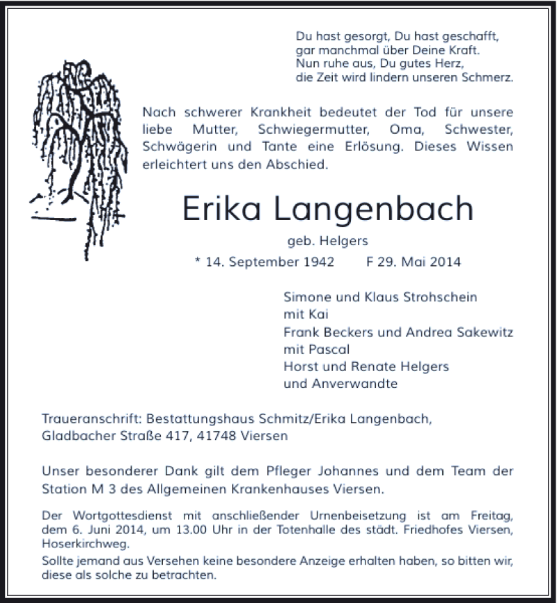 Alle Traueranzeigen für Erika Langenbach trauer rp online de