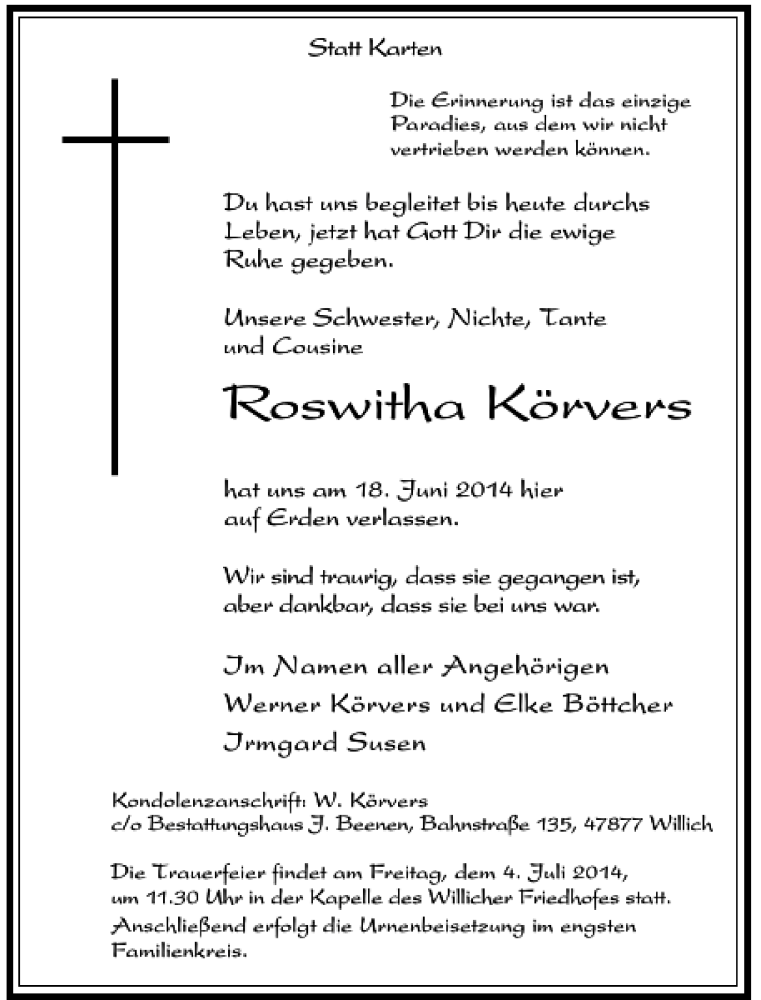 Alle Traueranzeigen F R Roswitha K Rvers Trauer Rp Online De