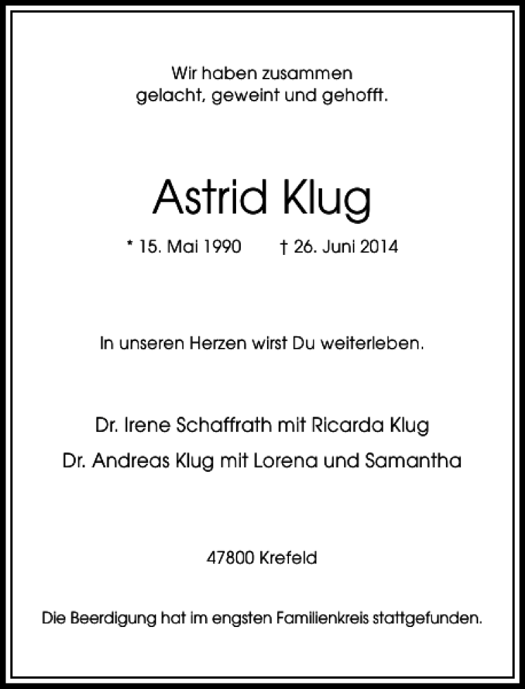  Traueranzeige für Astrid Klug vom 12.07.2014 aus Rheinische Post
