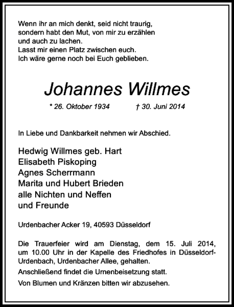 Alle Traueranzeigen F R Johannes Willmes Trauer Rp Online De