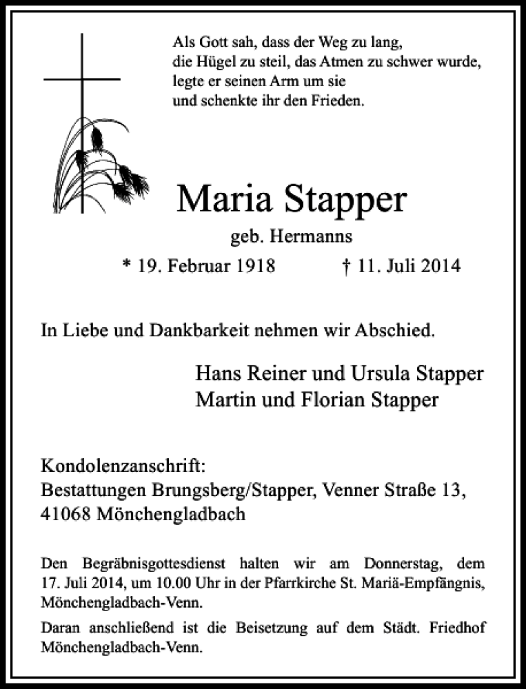 Alle Traueranzeigen für Maria Stapper trauer rp online de