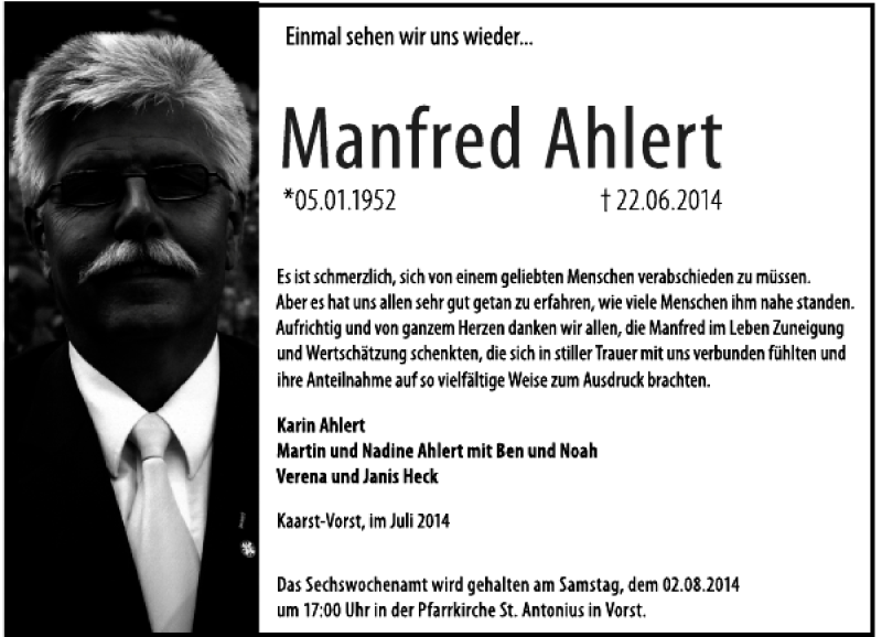  Traueranzeige für Manfred Ahlert vom 26.07.2014 aus Rheinische Post