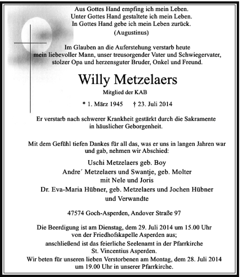 Alle Traueranzeigen für Willy Metzelaers trauer rp online de