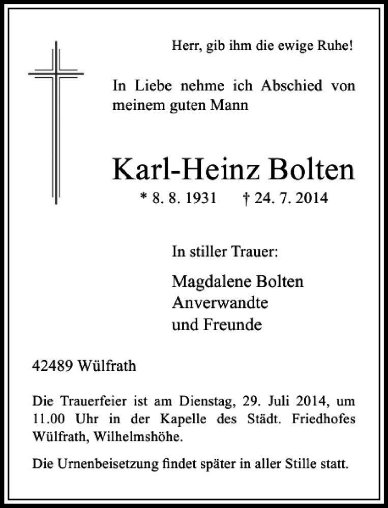 Alle Traueranzeigen F R Karl Heinz Bolten Trauer Rp Online De