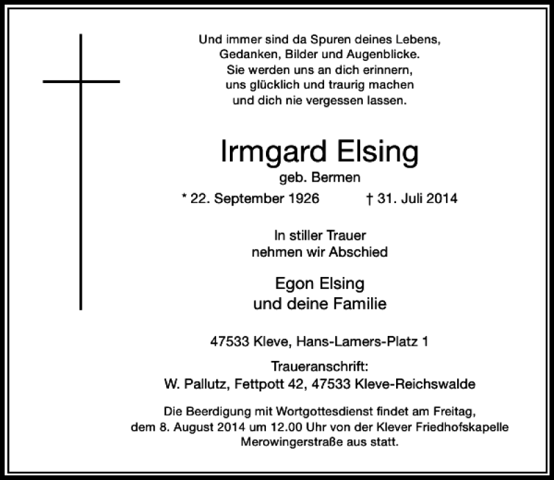 Alle Traueranzeigen für Irmgard Elsing trauer rp online de