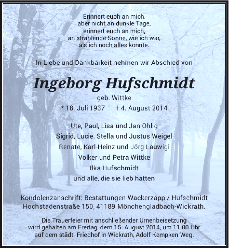 Alle Traueranzeigen F R Ingeborg Hufschmidt Trauer Rp Online De