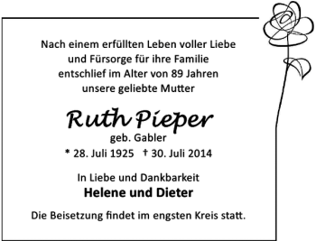 Alle Traueranzeigen für Ruth Pieper geb Gabler trauer rp online de