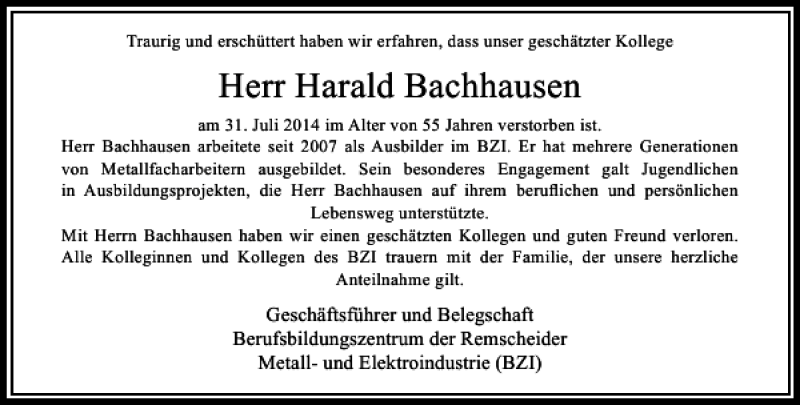 Alle Traueranzeigen für Harald Bachhausen trauer rp online de