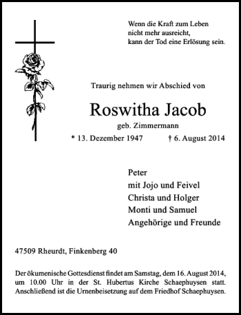 Alle Traueranzeigen F R Roswitha Jacob Geb Zimmermann Trauer Rp