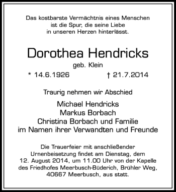 Alle Traueranzeigen für Dorothea Hendricks trauer rp online de