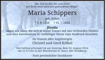 Alle Traueranzeigen F R Maria Schippers Trauer Rp Online De