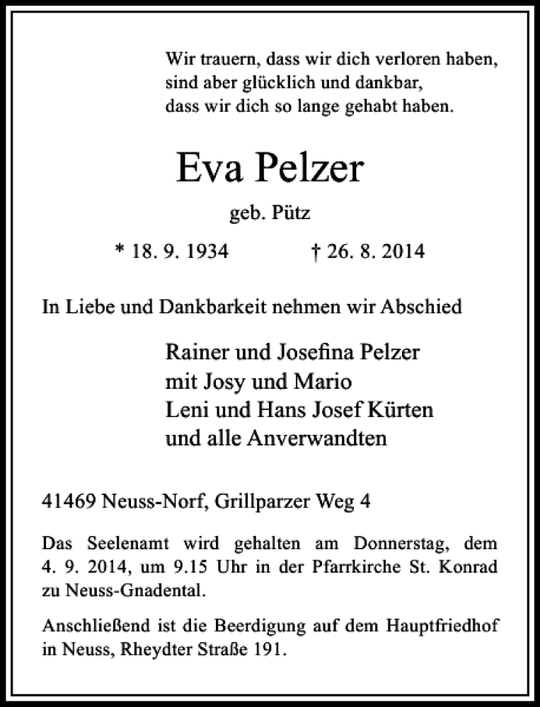 Alle Traueranzeigen F R Eva Pelzer Trauer Rp Online De