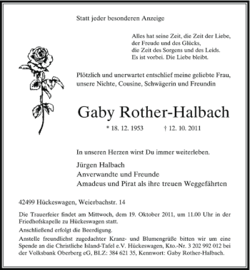 Alle Traueranzeigen für Gaby Rother Halbach trauer rp online de