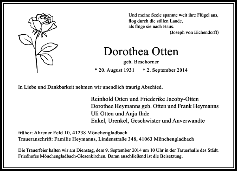 Alle Traueranzeigen für Dorothea Otten geb Beschorner trauer rp