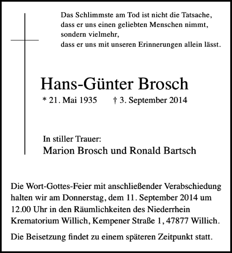 Alle Traueranzeigen für Hans Günter Brosch trauer rp online de