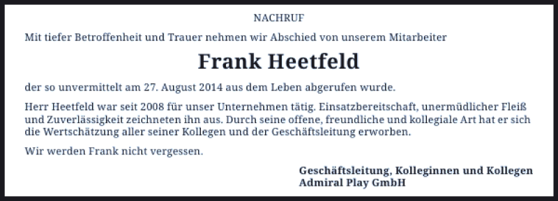  Traueranzeige für Frank Heetfeld vom 13.09.2014 aus Rheinische Post