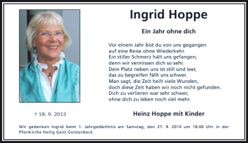 Alle Traueranzeigen F R Ingrid Hoppe Trauer Rp Online De