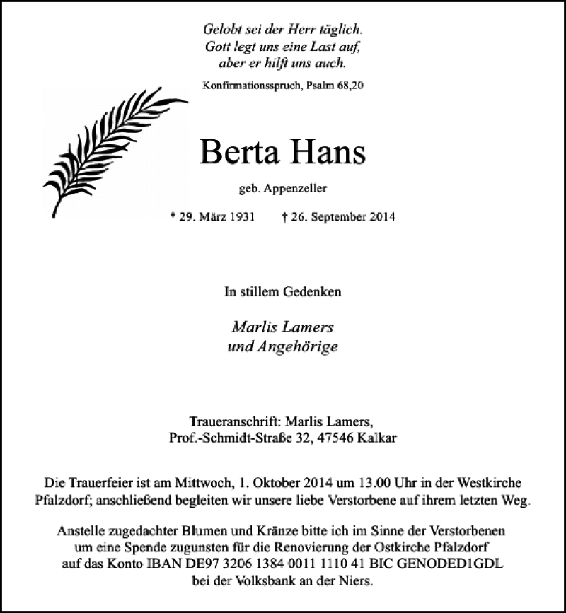 Alle Traueranzeigen für Berta Hans Hans trauer rp online de