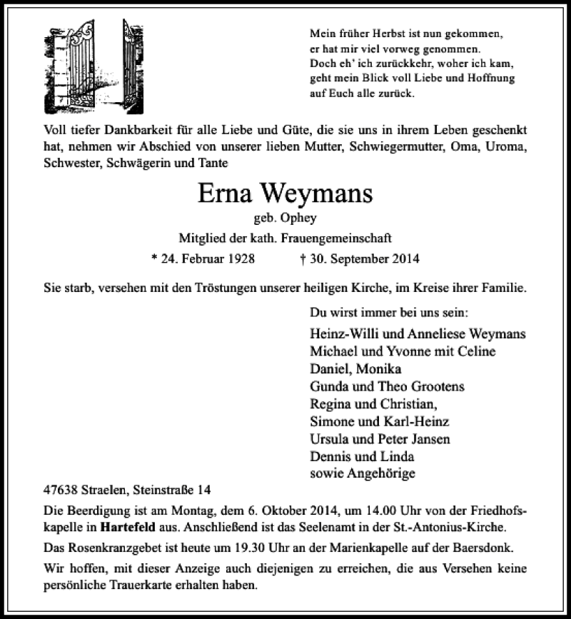 Alle Traueranzeigen für Erna Weymans trauer rp online de