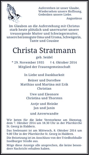 Alle Traueranzeigen F R Christa Stratmann Trauer Rp Online De