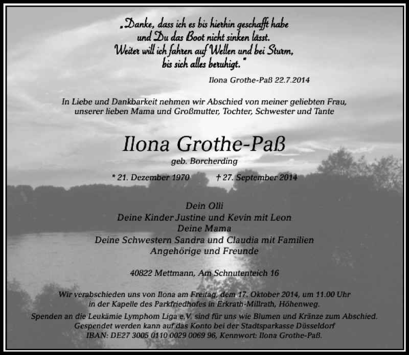  Traueranzeige für Ilona Grothe-Paß vom 11.10.2014 aus Rheinische Post