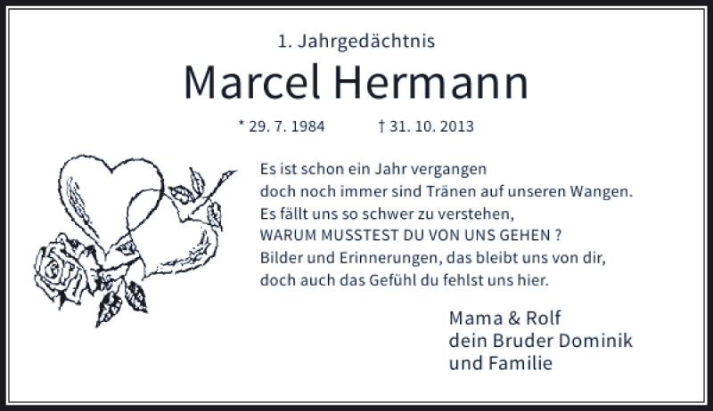  Traueranzeige für Marcel Hermann vom 31.10.2014 aus Rheinische Post