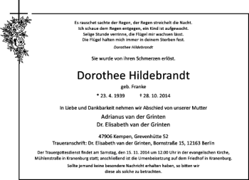 Alle Traueranzeigen F R Dorothee Hildebrandt Trauer Rp Online De