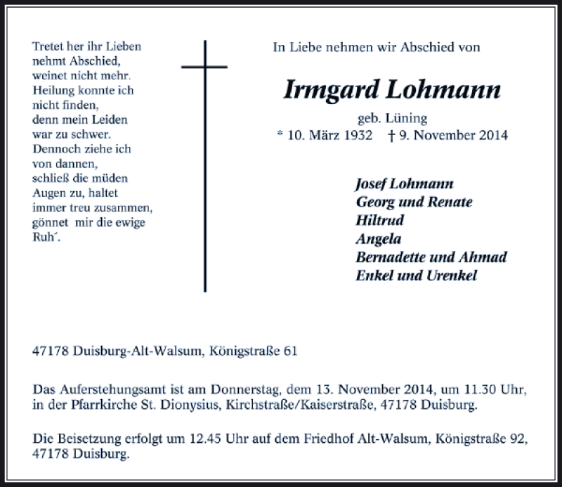 Alle Traueranzeigen F R Irmgard Lohmann Trauer Rp Online De