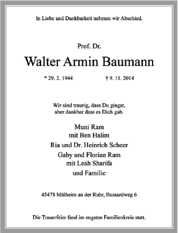 Alle Traueranzeigen F R Walter Armin Baumann Trauer Rp Online De