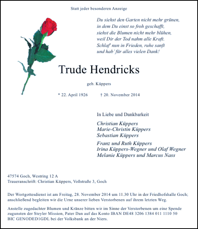 Alle Traueranzeigen F R Trude Hendricks Trauer Rp Online De