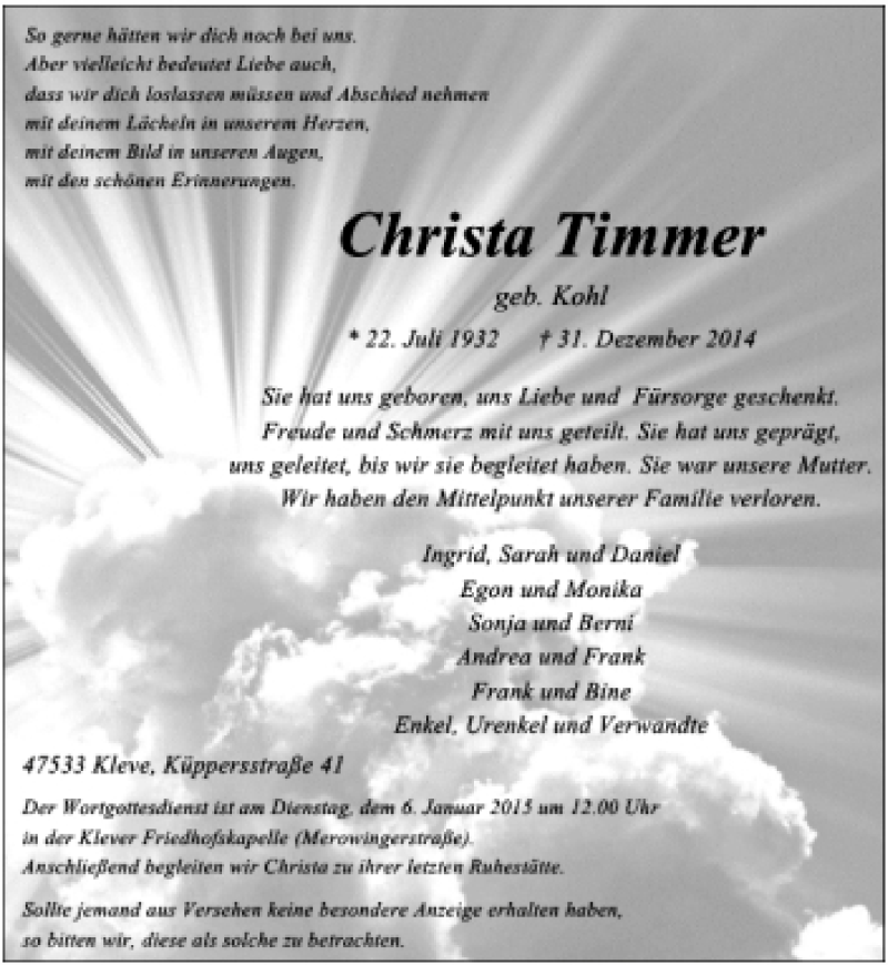  Traueranzeige für Christa Timmer vom 03.01.2015 aus Rheinische Post