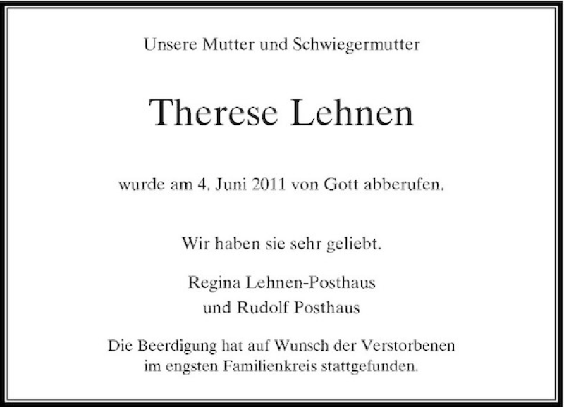 Alle Traueranzeigen für Therese Lehnen trauer rp online de