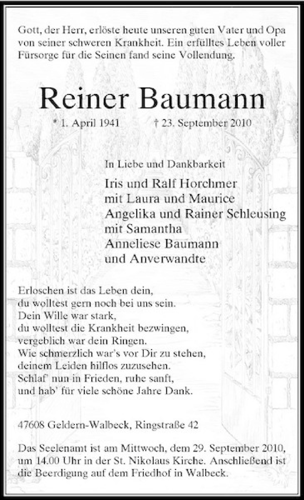 Alle Traueranzeigen für Reiner Baumann trauer rp online de