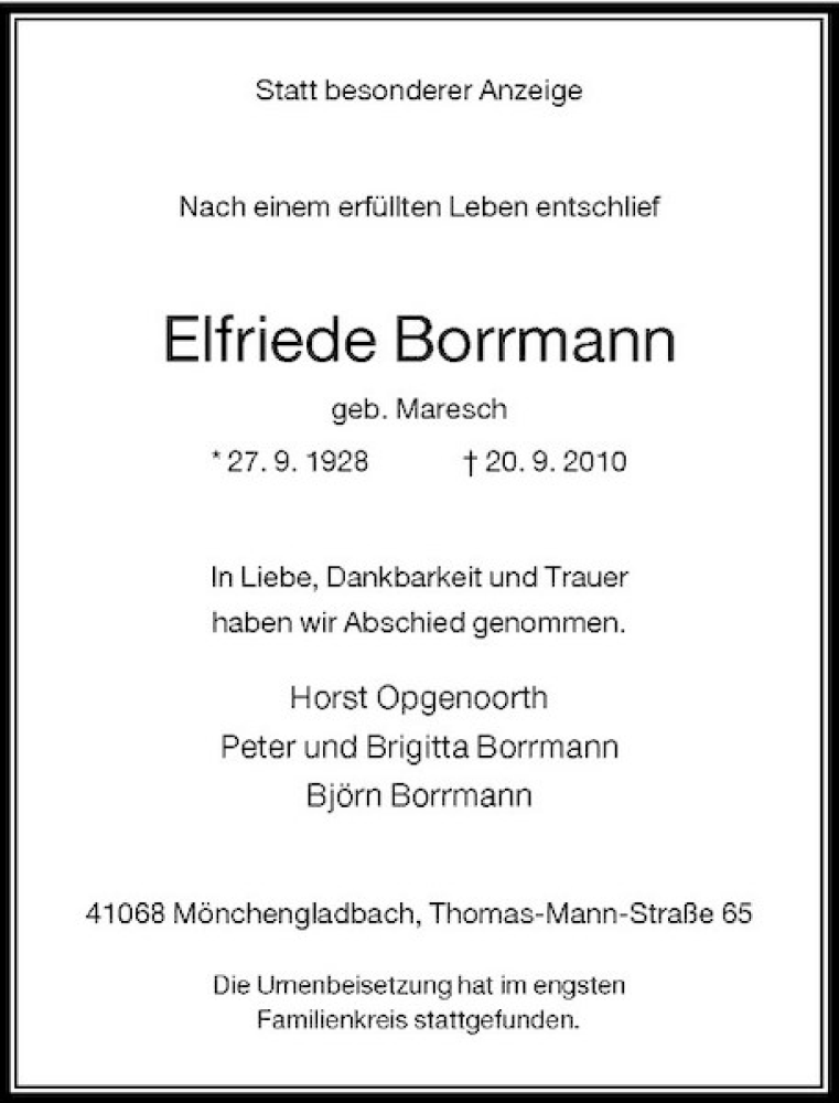 Alle Traueranzeigen für Elfriede Borrmann trauer rp online de